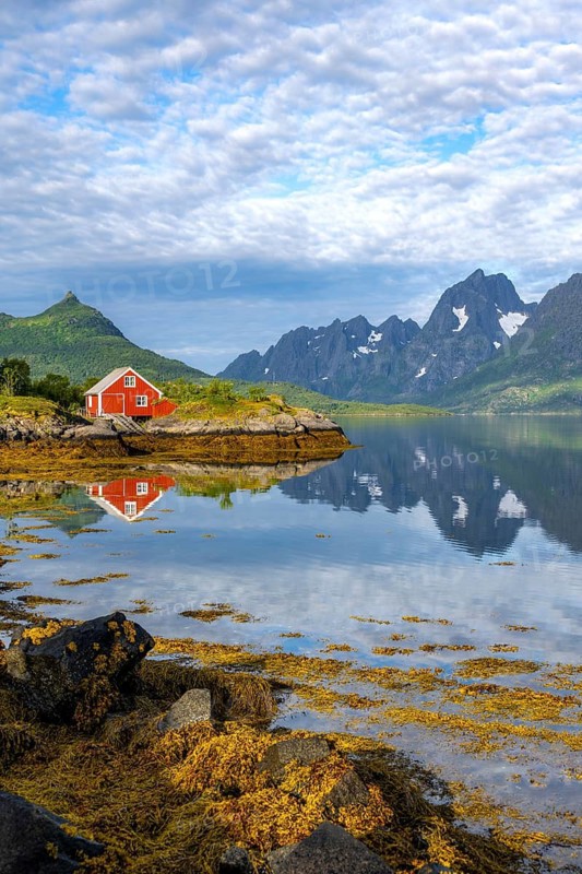 Red fishing hut on the shore, Rorbuer hut, picturesque fjord landscape at Raftsund fjord, mountains reflected in water, Vesterålen, Norway