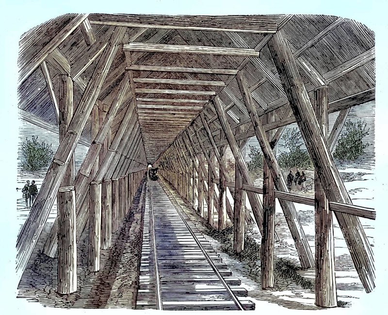 Snow Gallery, Snow Shed, the Union Pacific Railroad in the Sierra Nevada around 1870. Wooden structures were built in the 19th century to protect railroad tracks from massive amounts of snow and avalanches, America, reproduction from a 19th century model. Authentic, file restored for optimal use, exact date of original unknown, nostalgically colored