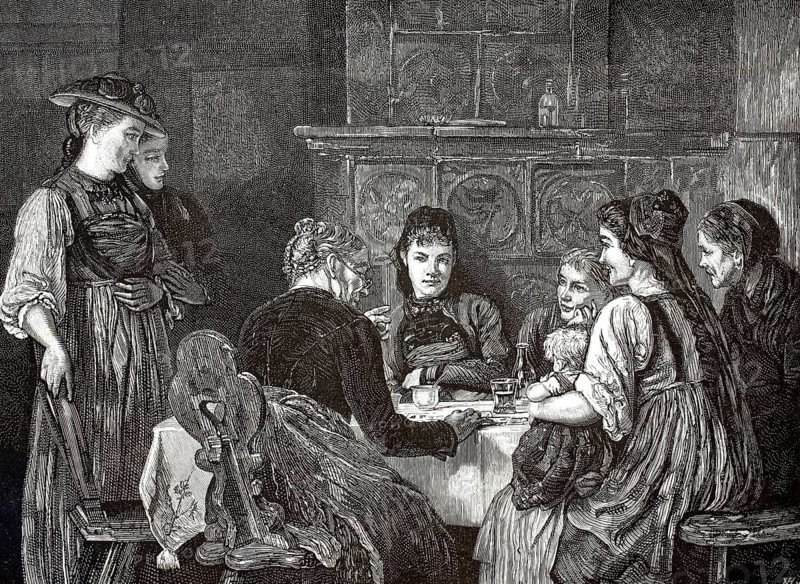 A card reader from Tyrol. In the center, the elderly, wise woman with glasses in profile facing right sits. She interprets the playing cards lying on the table in front of her. A group of young woman and girls listen spellbound, full of hope or skepticism, to the predictions. On the right, a young mother sits on her lap with her toddler, subject of everyday superstition, fate and village mysticism, illustration, reproduction from a model from the 19th century. Authentic, file restored for optimal use, exact date of submission unknown, historical