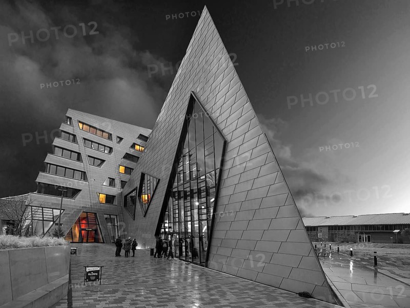Modern university building by American architect Daniel Liebeskind, black and white, Lüneburg, Lower Saxony, Germany