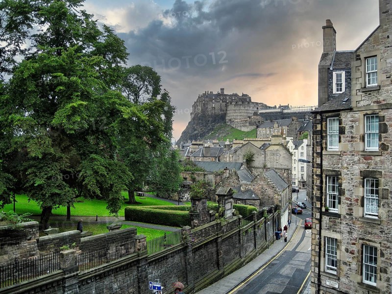 View of Edinburgh Castle, famous Greyfriars Kirkyard cemetery, twilight, old town, Edinburgh, Scotland, Great Britain