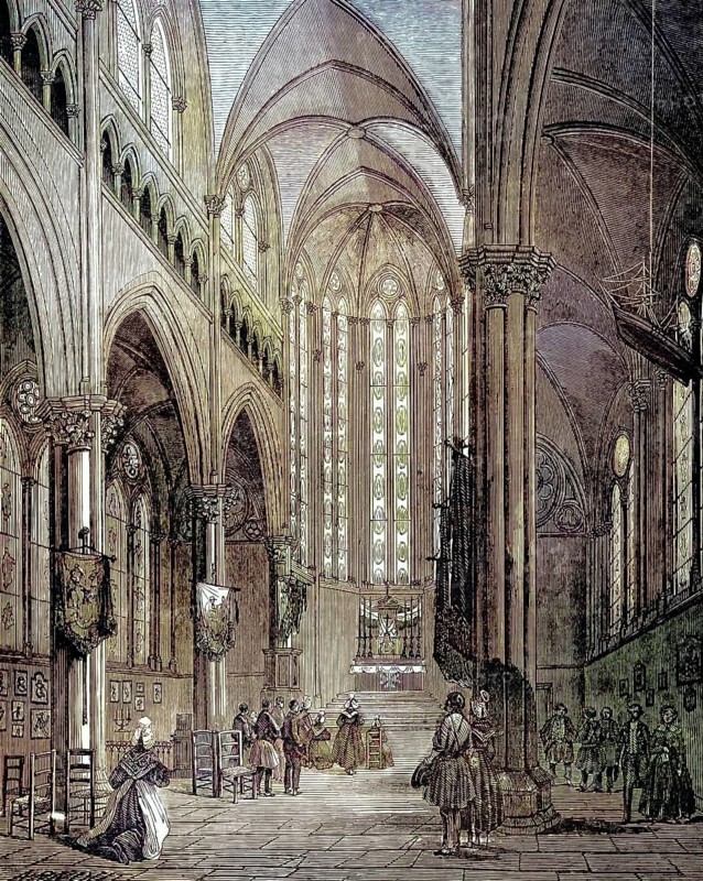 Interior view of the Notre-Dame de Bonsecours Basilica, Église de Bon-Secours. It is located in the municipality of Bonsecours in the Seine-Maritime department in Normandy, near the city of Rouen, around 1880, France, illustration, reproduction from a 19th-century model. Authentic, file restored for optimal use, exact date of original unknown, historical, nostalgically colored