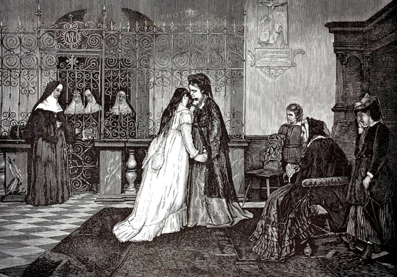 A scene in which a young woman says goodbye to her family to enter a monastery. A future postulant or novice says goodbye to her mother emotionally. Several nuns from the monastery have already gathered behind an elaborate dividing grid to await the new candidate. On the left, a nun stands at the gate, 1882, illustration, reproduction from a model from the 19th century. Authentic, file restored for optimal use, exact date of submission unknown, historical