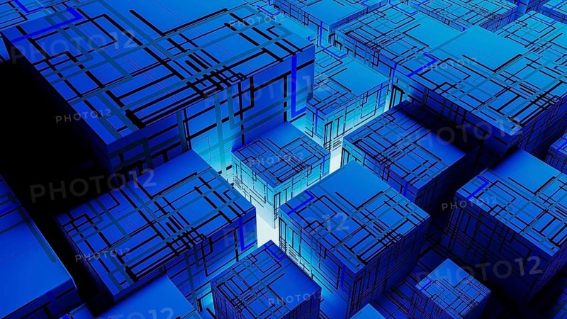 Vibrant abstract background showcases interconnected cubes, representing technology and data in a digital landscape
