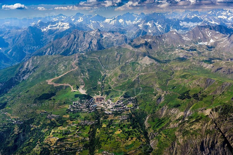 Orcières-Merlette, ski resort, arrival, Tour de France 2026, Massif des Ecrins, Barre des Ecrins, Maritime Alps, summer, aerial view, mountains, Alps, France