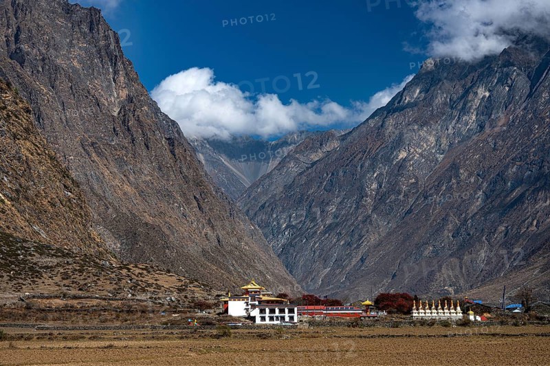 Newly built Buddhist monastery and stupas, Tsum Monastry, Tsum Valley, Himalayas, Nepal