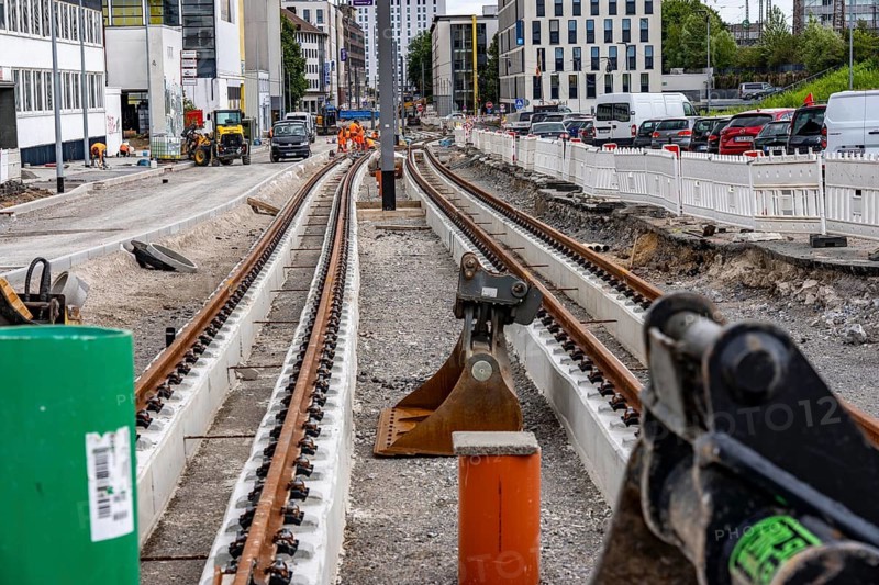 Large construction site in the city center of Essen, Hachestraße, the construction of new tracks for the new Stadtbahn-Essen, a new tram line in the city center that will connect the west of the city with the new Essen-51 district, North Rhine-Westphalia, Germany