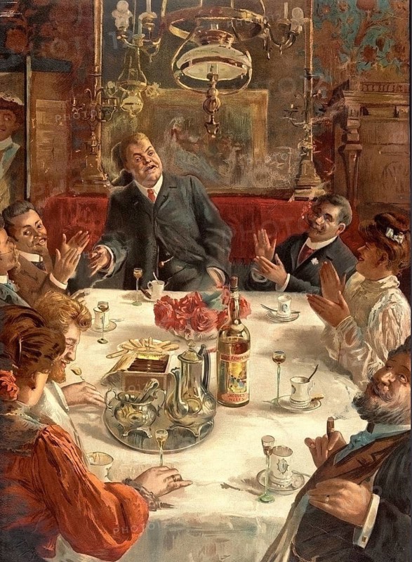 Advertising poster, beverage advertisement, poster is titled Un repas animé and is by the Belgian painter Ernest Jean Joseph Godfrinon. The scene shows a lively social gathering or a festive celebration from the turn of the 19th to the 20th century. On the table is a bottle of Elixir de Kempenaar, a Belgian liquor brand from this period, authentic reproduction of a historical advertising poster, advertising sign, in high resolution