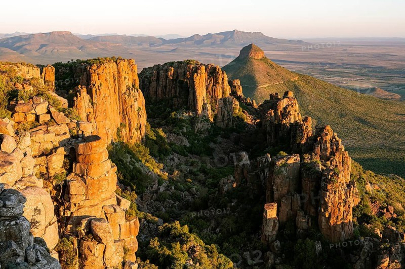 View of the Valley of Desolation at sunset, eroded rock needles from Dolorit, Camdeboo National Park, Graaff-Reinet, Eastern Cape, South Africa