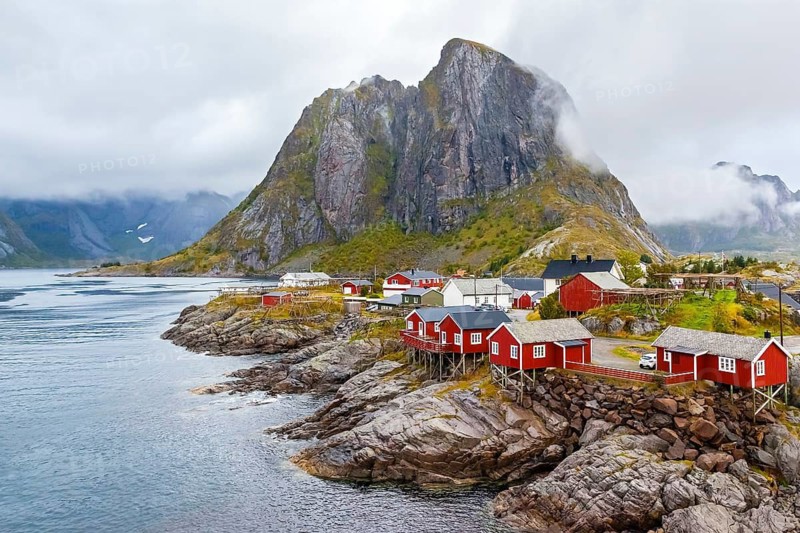 Lofoten, Flakstadoy island, historic fishing village Nusfjord, Norway, mountain range, fisherman's house