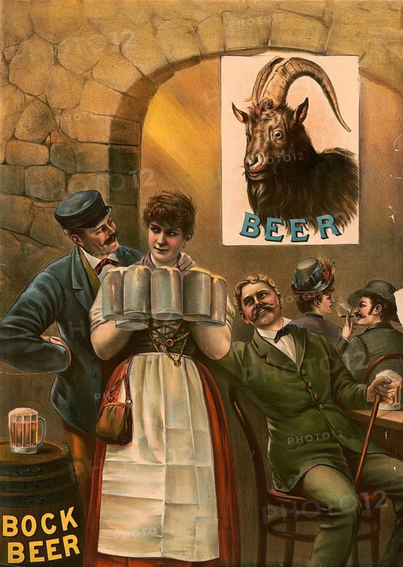 Advertising poster, beverage advertisement, bock beer poster by Henry Jerome Stile from 1889, a Bavarian waitress serving pitchers of bock beer while a goat is seen as a symbol in the background, authentic reproduction of a historical advertising poster, advertising sign, in high resolution
