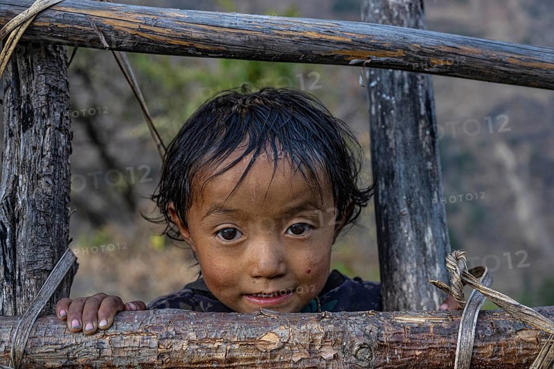 Portrait, small hunge looking through fence, local of the Tsumba Tibetan ethnic group, Tsum Valley, Himalayas, Nepal