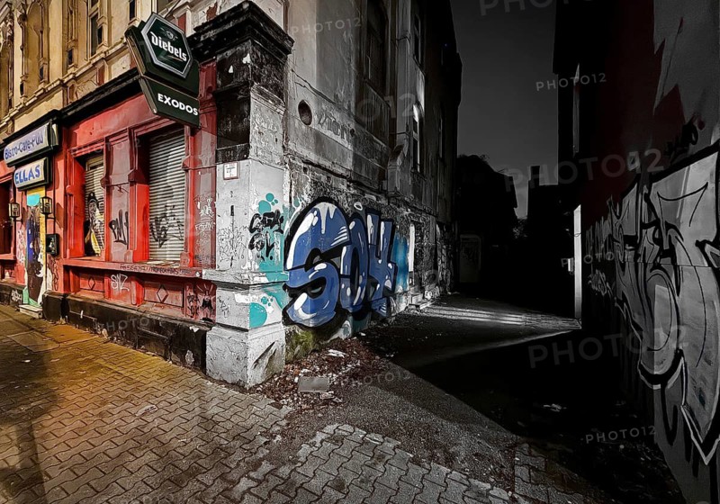 Scrap property in a no-go area, color saturation progression to black and white, Gelsenkirchen, Ruhr area, North Rhine-Westphalia, Germany