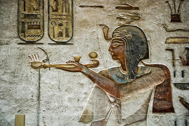 Colourful reliefs and wall paintings and hieroglyphs, tomb, Pharaoh Ramesses III, Valley of the Kings, UNESCO World Heritage Site, Thebes, Luxor, Egypt