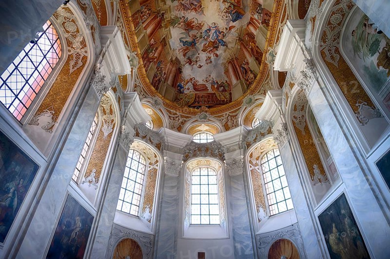 Interior view, chancel, ceiling, ceiling fresco, Protestant town church, Ellwangen (Jagst), Baden-Württemberg, Germany