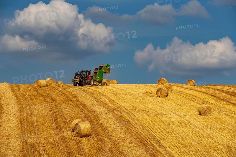 Straw harvest, after harvesting the straw, previously mowed, dried and laid in rows, so-called plumes, is pulled by a round baler, by a tractor, picked up, pressed into compressed bales and placed in the field, used as animal feed, in Mülheim-Menden, Acker an der Mendener Straße, midsummer, harvest at over 30C, Mülheim an der Ruhr, North Rhine-Westphalia, Germany