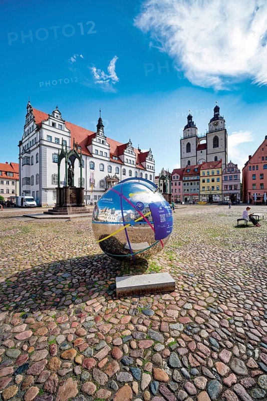 Market square with town hall, city church, town and parish church of St. Marien and globe with QR code for historical apps, Luther city Wittenberg, Saxony-Anhalt, Germany