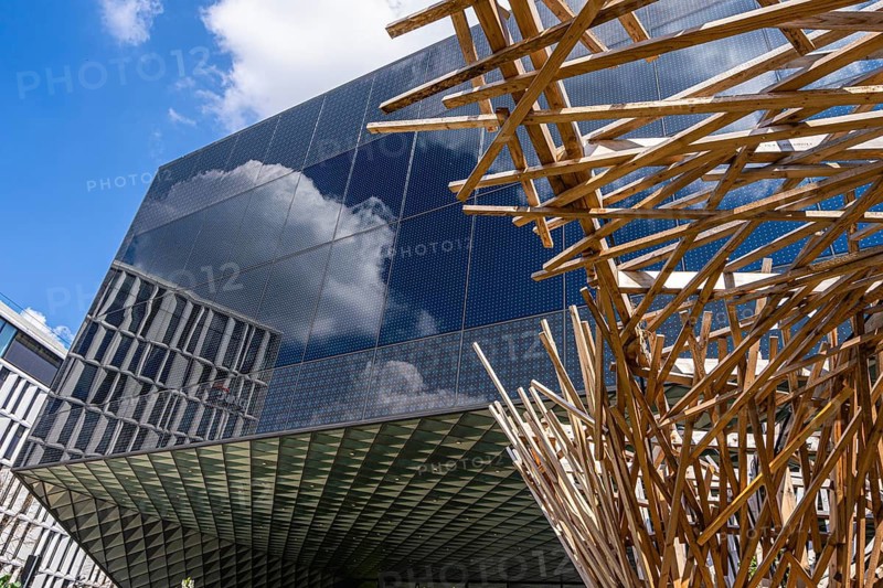 Wooden sculpture on the theme of nature and land in front of the Futurium Museum on Kapelle Ufer, Berlin, Germany