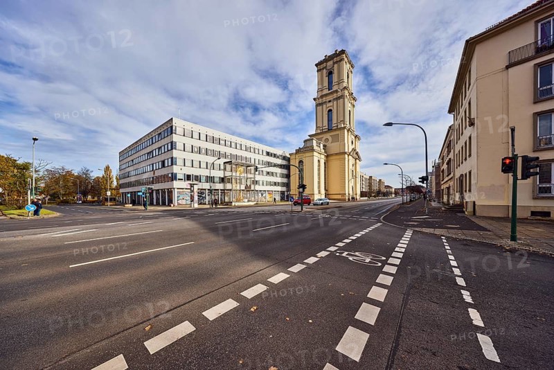 Garrison church, former data center Potsdam, church tower, building under reconstruction, general architecture, commercial building, modern architecture, sidewalk, street, cycle path, lantern, lawn, trees, blue sky, cumulus clouds, cirrostratus clouds, intersection Breite Straße with Dortustraße, Potsdam, state capital, district-free city, Brandenburg, Germany