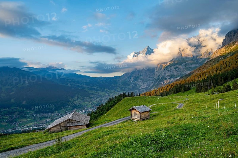 Alpine huts and alpine meadows, mountain landscape at sunset, Wetterhorn peaks in the background, Alpiglen, Grindelwald, Bernese Oberland, Switzerland