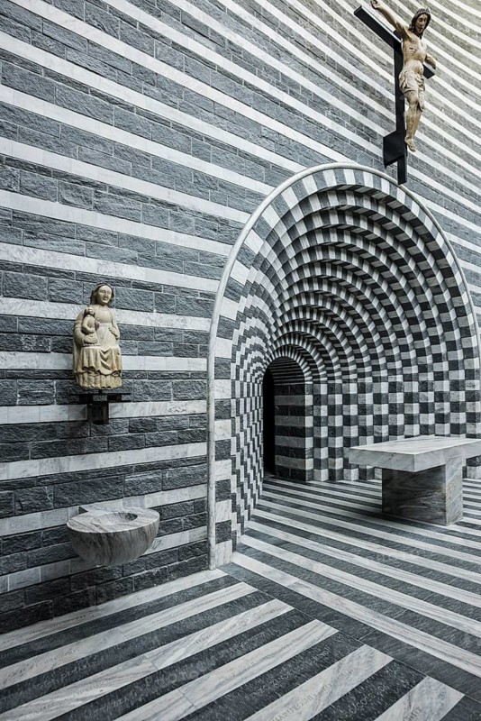 Interior view, modern chapel, San Giovanni Battista, architect Mario Botta, Mogno, Maggia Valley, Valle Maggia, Canton of Tessin, Switzerland