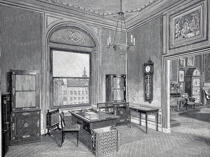The study of Emperor Franz in Vienna, Austria, 1890, illustration, reproduction from a model from the 19th century. Authentic, file restored for optimal use, exact date of submission unknown, historical