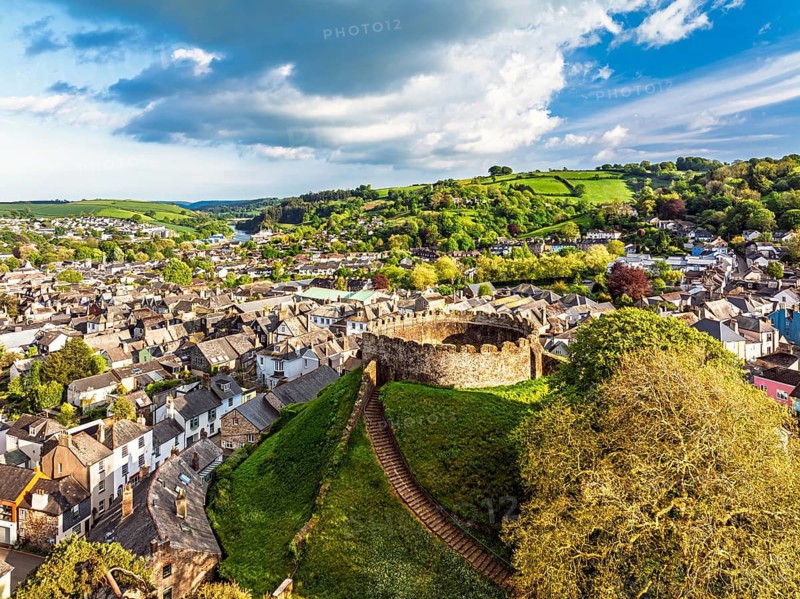 Totnes Castle from a drone, Totnes, River Dart, Devon, England, United Kingdom