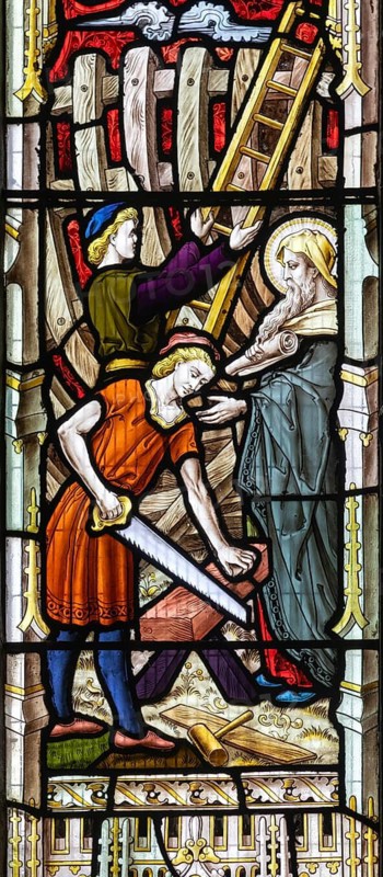 Stained glass window Noah making the Arc, c 1883, St Andrew's church, Ashburton, Devon, England, UK