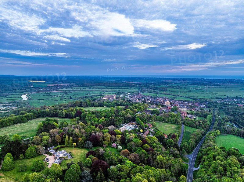 Sunset over Arundel from a drone, Arundel, West Sussex, England, United Kingdom