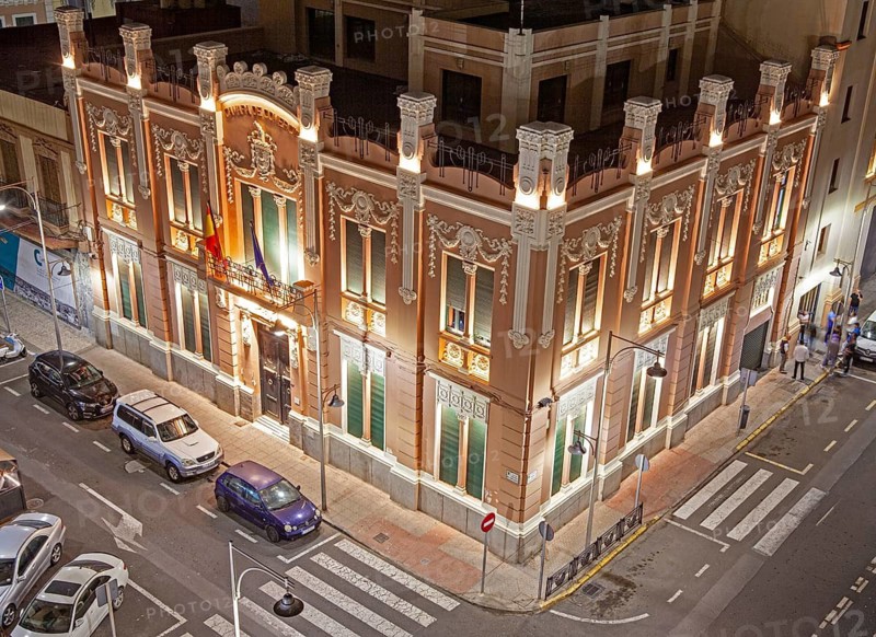 Night view of the Commerce chamber, centro district of Melilla, Spain