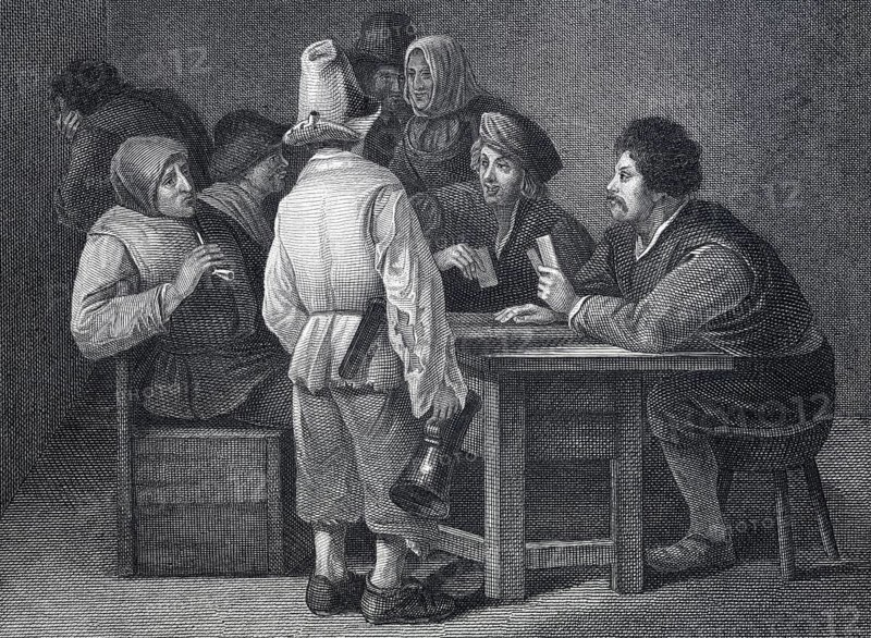 Detail from the painting The Card Players by Cornelis Rega, genre painting, Dutch painting, Dutch painting, card game, game scene, everyday scene, society, people, games, entertainment, tavern, interior, figure painting, realism, baroque, 18th century, Dutch art, civic life, conviviality, leisure, facial expressions, character representation, richness of detail, oil painting, art history, everyday life, social scene, genre painting, table, stool, historical illustration 1854