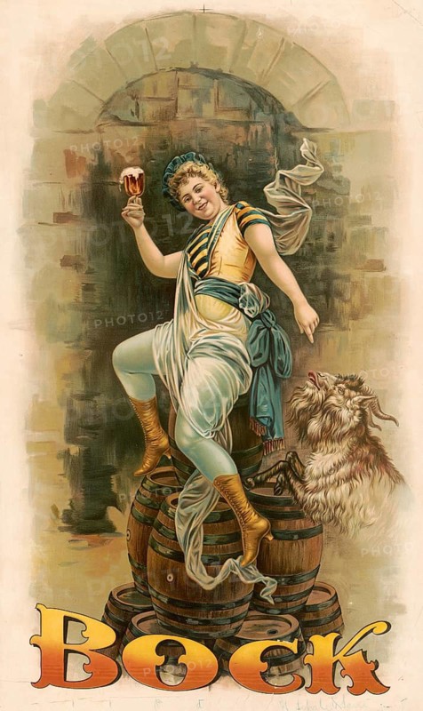 Advertising poster, beverage advertisement, vintage bock beer poster, a lithograph from 1894, designed by Henry Jerome Schile. The artwork depicts a woman in historic clothing sitting on beer barrels and holding up a glass of bock beer, authentic reproduction of a historical advertising poster, advertising sign, in high resolution