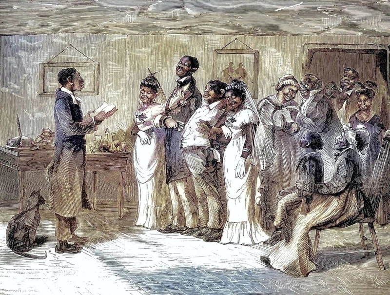 Marriage of formerly enslaved African Americans, satirical depiction of a wedding ceremony in the 19th century. In the middle, two couples in festive wedding clothes stand next to each other, illustration, reproduction of a model from the 19th authentic, file restored for optimal use, exact date of the original unknown, historical, nostalgically colored