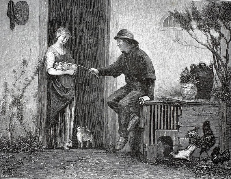 A man sits relaxed on a wooden small animal cage and stretches out a long, thin blade of grass or twig towards a woman. The young woman stands in an open front door and gently holds a young cat in her arms. The man playfully teases the kitten with the stalk. It is the courtyard or entrance area of a simple rural house. In the background on the right, there is a large clay jug and a woven basket with plants under a tree, illustration, reproduction of a model from the 19th century. Authentic, file restored for optimal use, exact date of submission unknown, historical