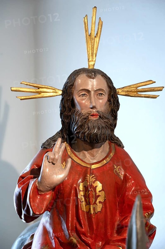 Jesus figure, detail of the palm tree from 1500, church museum of the parish church of St. Dreifaltigkeit, Kösslarn, Marktplatz 35, Lower Bavaria, Germany