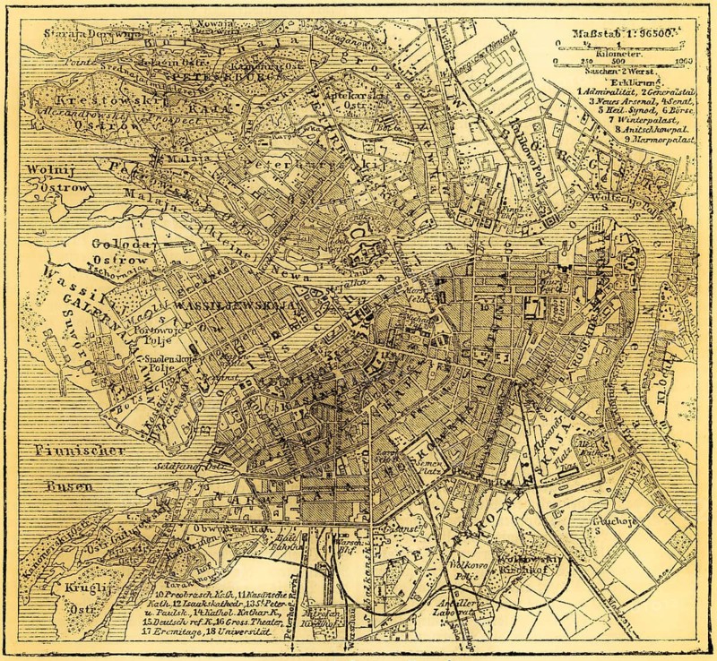 City map of Petersburg, St. Petersburg on the Neva, Baltic Sea, Russia, Eastern Europe, Gulf of Finland, location of tourist attractions, districts, road system, scale in kilometers, map, topography, geography, historical illustration 1885