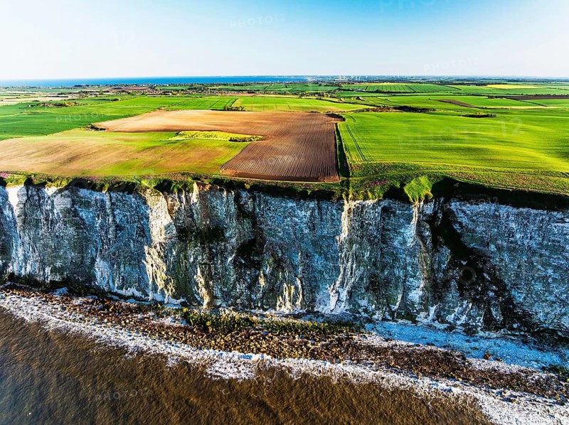 Farm and Fields over Bempton Cliffs from a drone, Yorkshire, England, United Kingdom