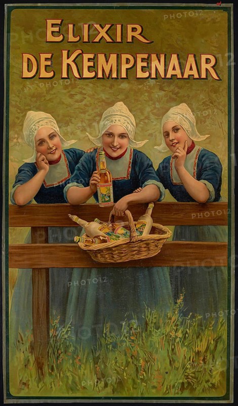 Advertising poster, beverage advertisement, advertising poster for Elixir de Kempenaar, an alcoholic beverage produced by the Jacques Neefs distillery in Antwerp, a type of liquor or genever. The poster is presumably from around 1908, it shows three woman in traditional traditional costume standing behind a wooden fence and presenting a basket of bottles, authentic reproduction of a historical advertising poster, advertising sign, in high resolution