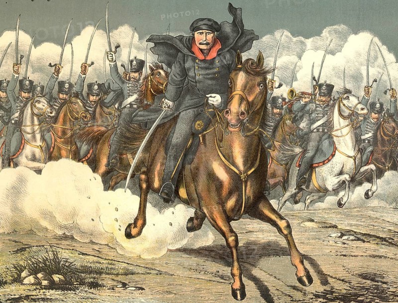 Field Marshal Gebhard Lebrecht von Blücher during the Wars of Liberation (1813–1815) . Colour lithograph depicting the famous military commander riding at the head of Prussian cavalry units, recognisable by the hussar uniforms featuring skull and crossbones motifs in the background, school picture, illustration, reproduction of a 19th-century original. School picture, wall hanging, authentic, file restored for optimal use, exact date of the original unknown, historical