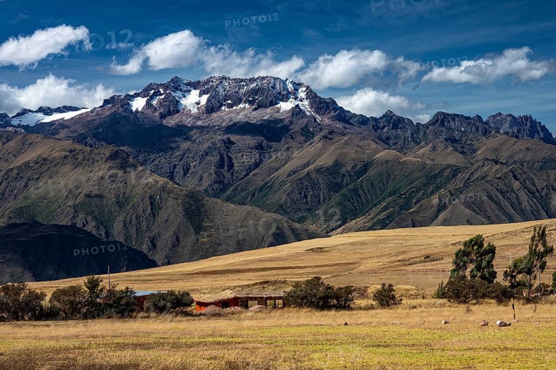 Mountain landscape with fields in highlands, Maras, Urubamba Valley, Southern Peru, Peru, South America