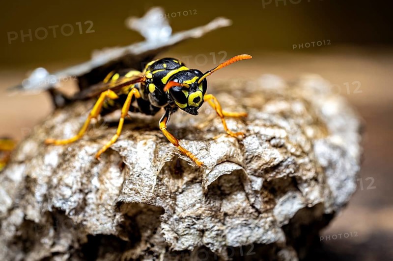 Close-up of a single wasp on a textured nest, field wasps on their fallen nest near Herleshausen, Germany (Polistinae)
