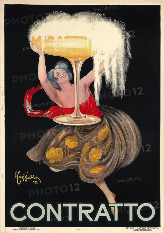 Advertising poster, beverage advertisement, Contratto advertising poster by Leonetto Cappiello from 1922.The poster promotes Italian sparkling wine and shows a woman holding an oversized, overflowing glass of sparkling wine, authentic reproduction of a historical advertising poster, advertising sign, in high resolution