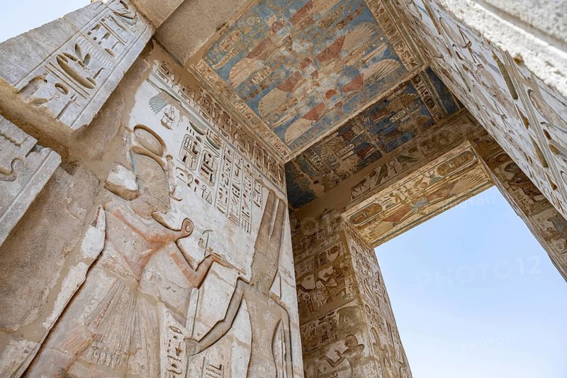 The art of ancient Egyptian story telling with carvings, reliefs and Hieroglyphs, Medinet Habu, the ancient Egyptian Mortuary Temple of Ramesses III on the West Bank of The Nile, Luxor, Egypt