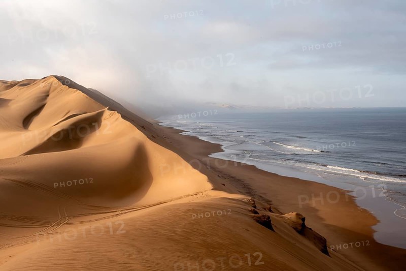 Sand dunes and sea, Atlantic coast and sandy desert with sea of dunes, Sandwich Harbour, Namib Naukluft Park, Namib Desert, Namibia