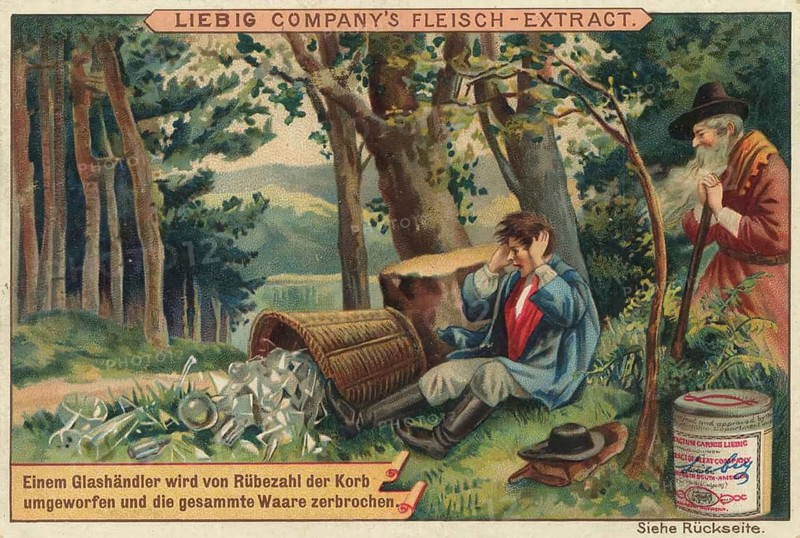Picture series Sagen, illustration of the German mythical figure Rübezahl knocking over a dealer's glass basket, favorite picture, digitally restored reproduction of a collector's painting from around 1900, exact date unknown