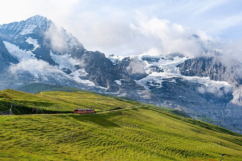 Jungfrau Railway to Jungfraujoch runs through green meadows, above the Kleine Scheidegg stop, rack railway, in the back mountains with peaks Eiger and Mönch, Jungfrau region, Bernese Oberland, Switzerland