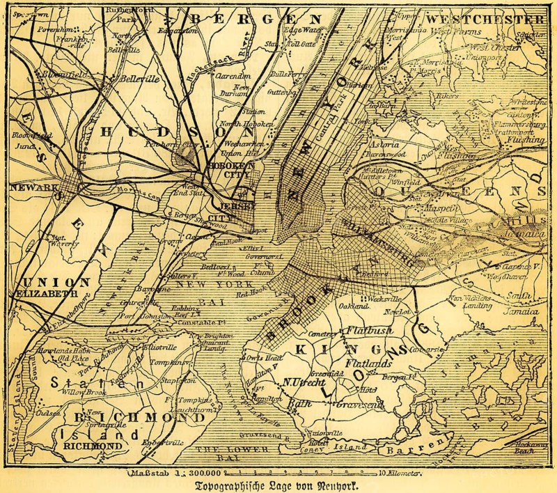 Map of New York and nearby communities measuring in kilometers, NY Bay, Central Park, Brooklyn, Williamsburg, Long Island, Westchester, Bergen, Hudson River, Staten Island, Coney Island, Richmond, roads, USA, topography, geography, historical illustration 1885