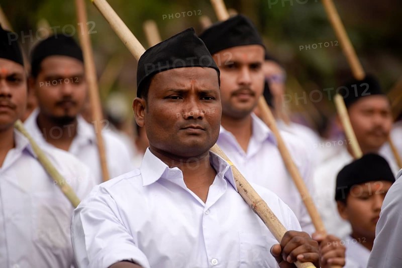 Rashtriya Swayamsevak Sangh (RSS) volunteers participate in an annual event, in Guwahati, Assam, India on Sunday, April 3, 2022. The Rashtriya Swayamsevak Sangh is a Hindu nationalist, paramilitary volunteer organisation