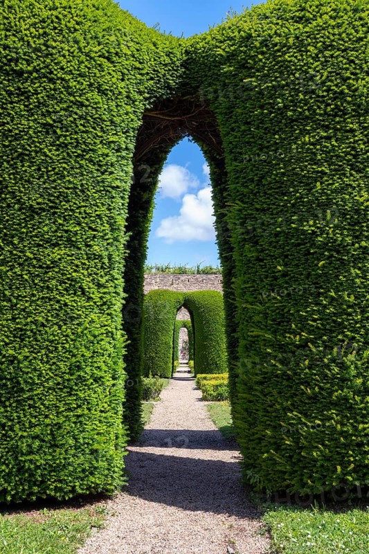 Distinctive, massive arches of artfully trimmed yew hedges in the castle garden of the Château d'Angers fortifications, Angers, Maine-et-Loire, Pays de la Loire, France