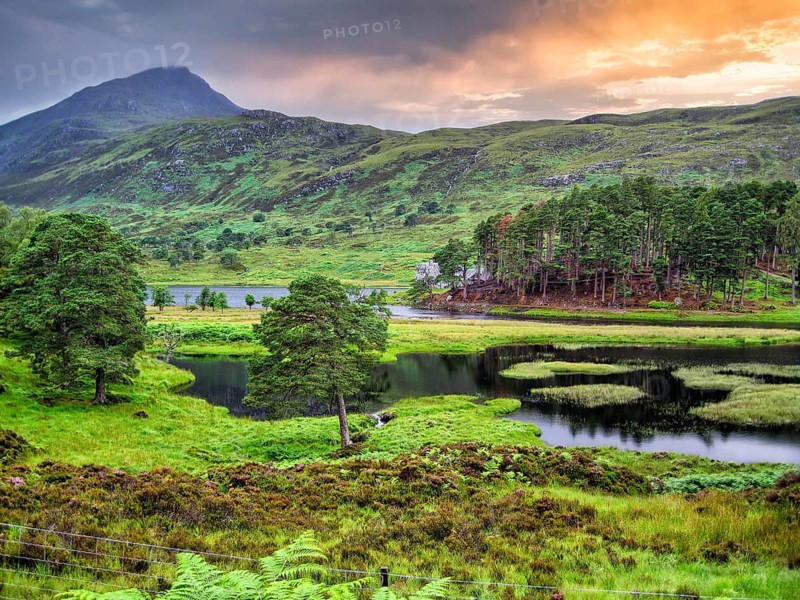 Scenic Glen Affric Valley, Mount Sgùrr na Lapaich on the horizon, Loch Affric, lakeside, Caledonian pine forest, moorland, hiking, twilight, Northwest Highlands, Scotland, United Kingdom